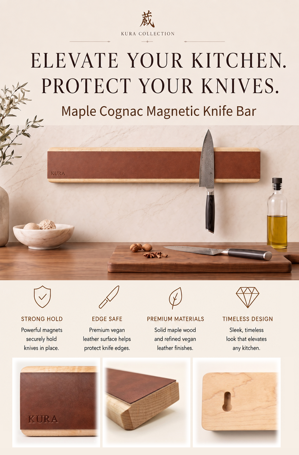 KURA 16" Magnetic Knife Bar — Maple Cognac
