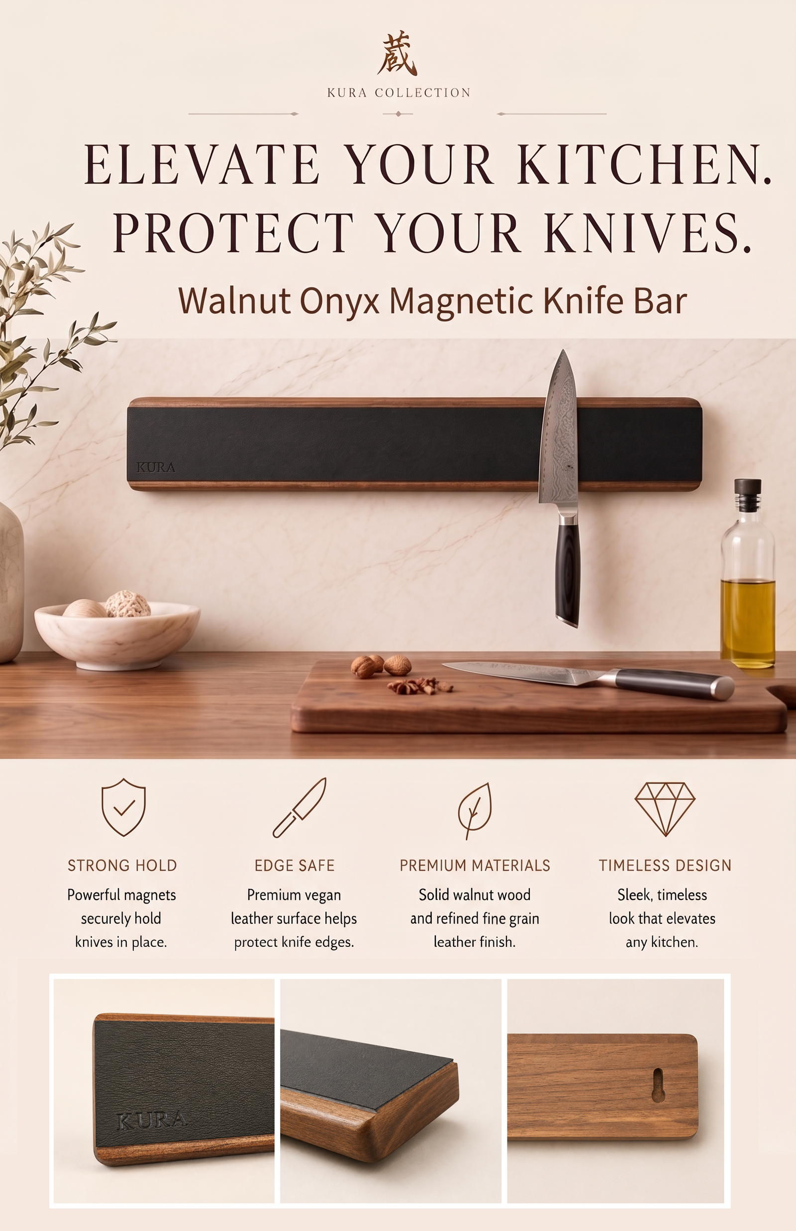 KURA 16" Magnetic Knife Bar — Walnut Onyx