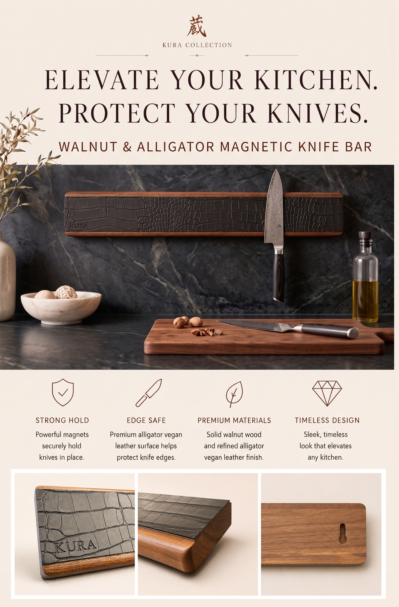 KURA 16" Magnetic Knife Bar — Walnut Alligator