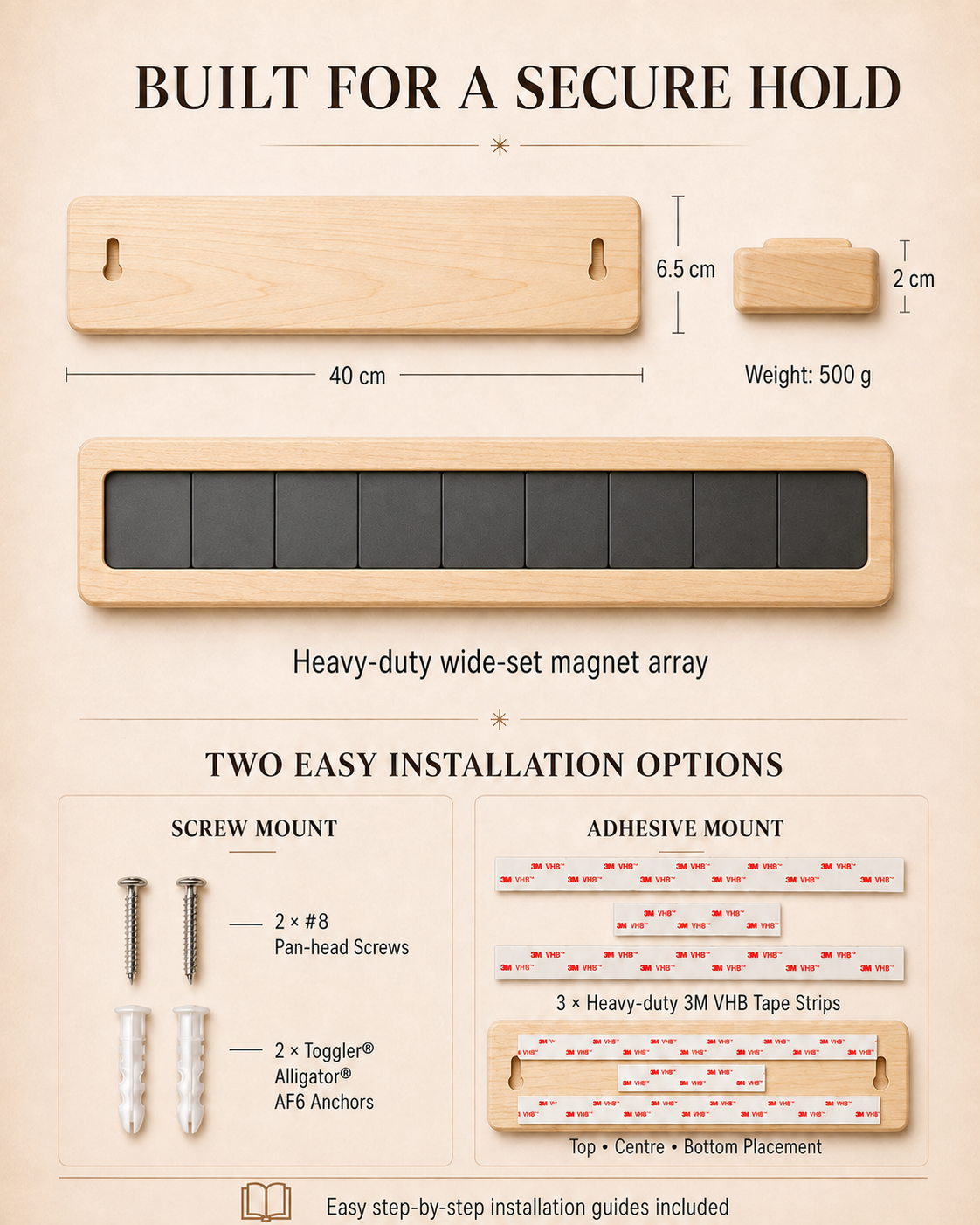 KURA 16" Magnetic Knife Bar — Maple Cognac